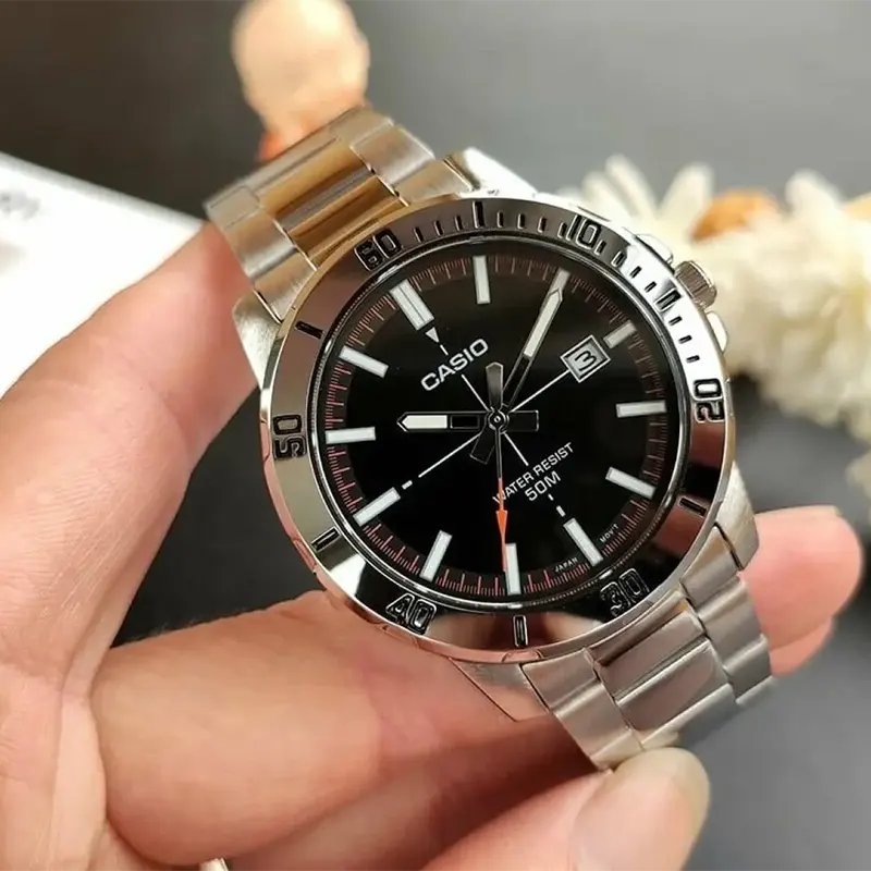 Casio Enticer Triple-fold Clasp Black Dial Men's Watch- MTP-VD01D-1E2V